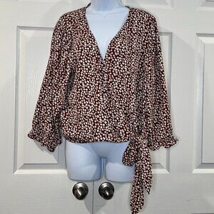 nine britton top womens XL petite brown floral waist tie faux wrap v-neck